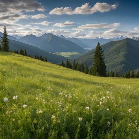 Scenic Green Meadow with Majestic Mountain Range  Tranquil Natural Beauty