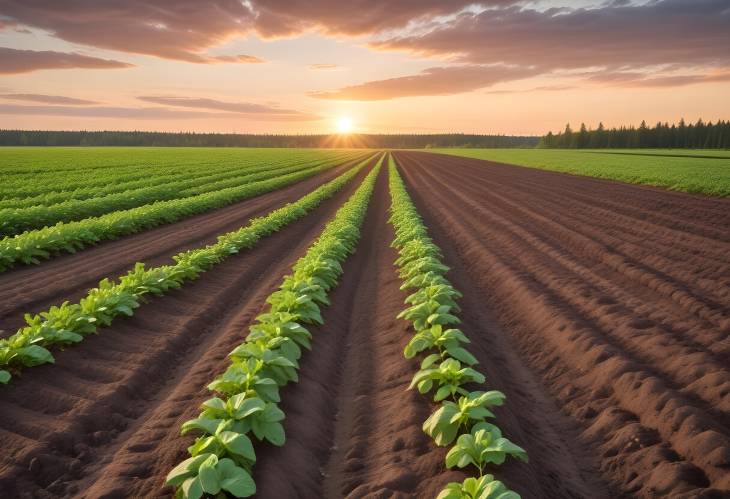 Scenic Green Potato Field at Sunset in Finland Agricultural Rows, Rural Landscape, Evening Glow