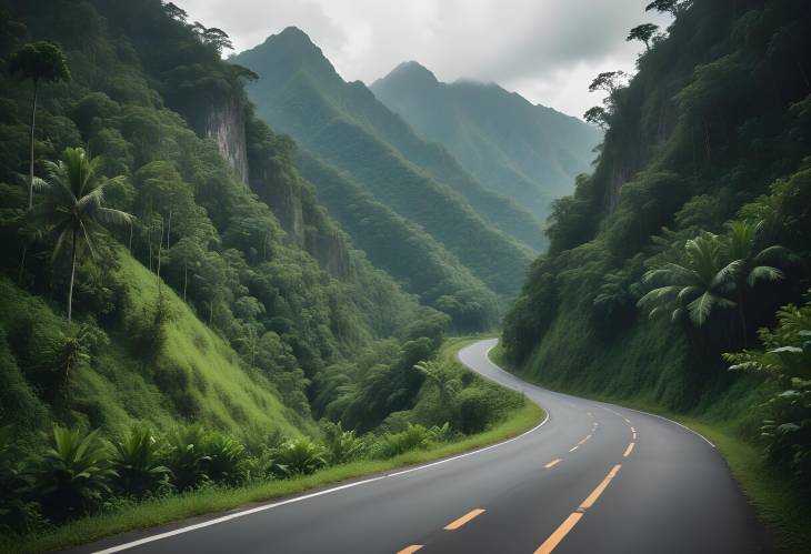 Scenic Lonely Road Amidst Lush Green Mountains and Tropical Forest