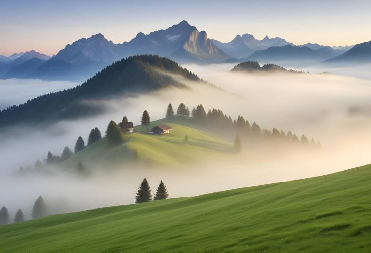 Scenic Mountain Landscape Grubigstein, Lermoos Meadows, and Fog in Tyrol