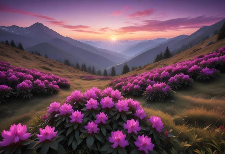 Scenic Mountain Meadow with Rhododendron Flowers and Purple Sunrise Light