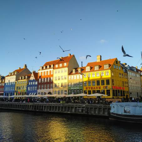 Scenic Nyhavn with Street Light and Colorful Houses in Copenhagen