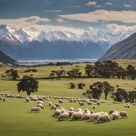 Scenic Pastoral New Zealand Sheep Grazing with Snowy Mountain Landscape