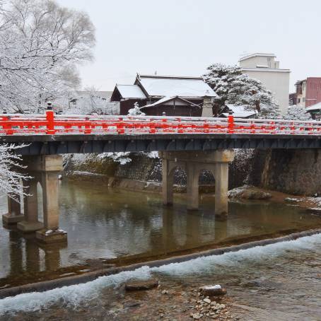 Scenic Red Nakabashi Bridge Takayama Historic River View