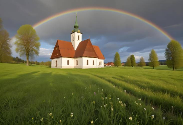 Scenic Rottenbuch Spring Meadow and Church with Rainbow Under Cloudy Sky