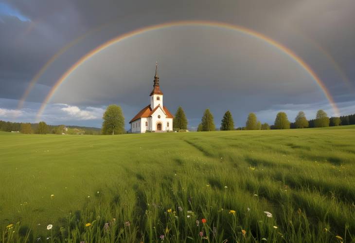 Scenic Rottenbuch Spring Meadow and Church with Rainbow Under Cloudy Sky