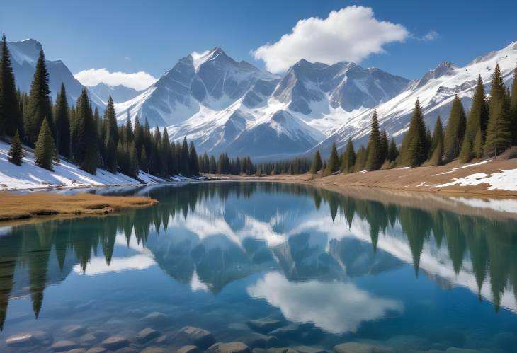 Scenic Snow Capped Peaks and Clear Blue Lake