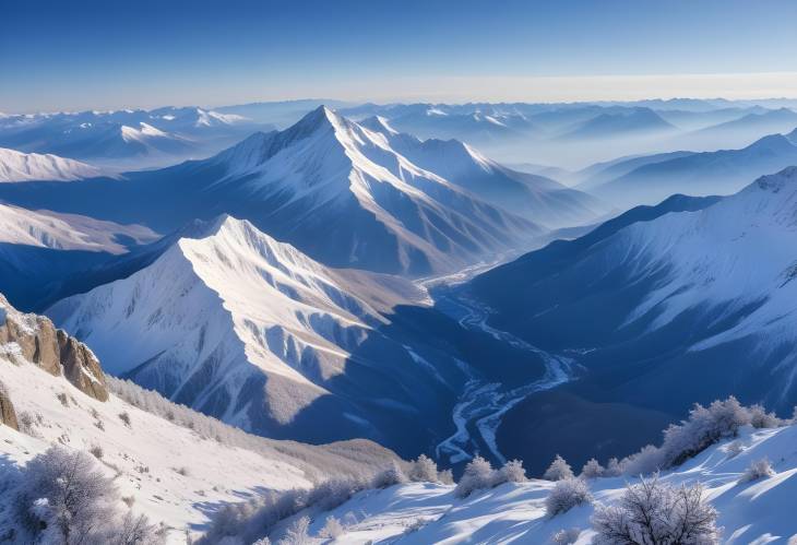 Scenic Snowy Mountain Range with Valley Below