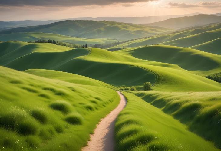 Scenic Summer Hills with Sunlit Pathway and Lush Green Meadows