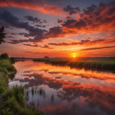 Scenic Sunset and Sunrise Over Wide River Colorful Sky Reflections