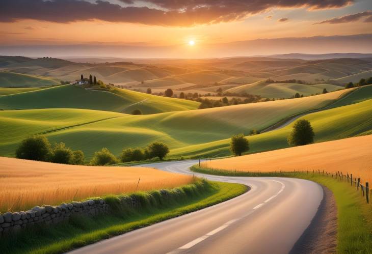 Scenic Sunset Over Farmland with Winding Road