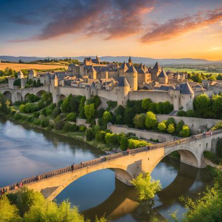 Scenic Sunset View of Carcassonne Old Town and Pont Vieux