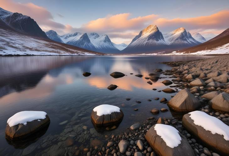 Scenic Tungeneset Beach with SnowCapped Mountain Peaks