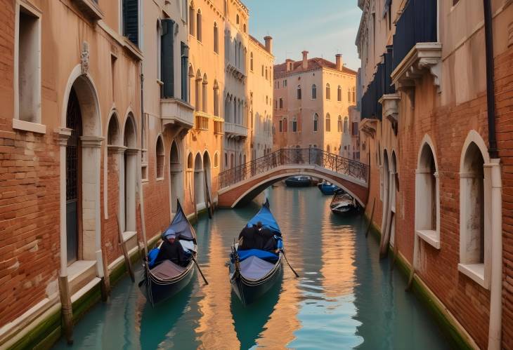 Scenic Venice Canal with Gondolas Gliding Under Historic Stone Bridges in a Peaceful Setting