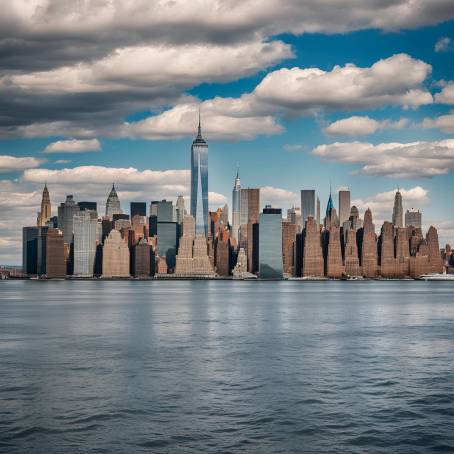 Scenic View of Manhattan Skyscrapers Near New York Bay with Cloudy Sky