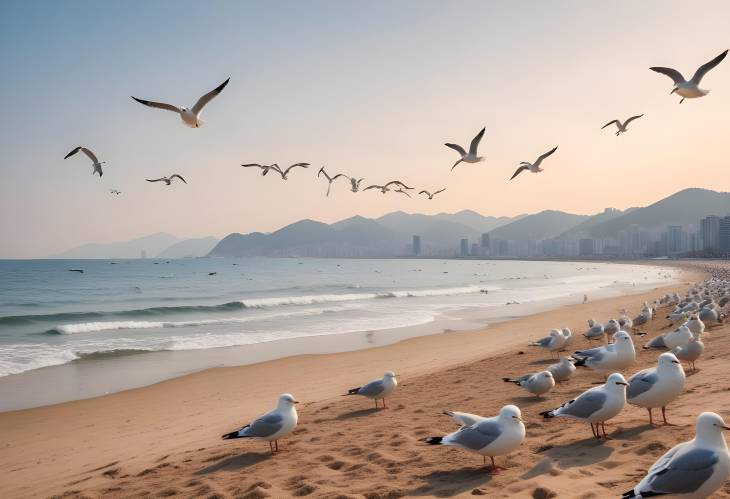 Scenic View of Seagulls on Haeundae Beach, Busan, South Korea