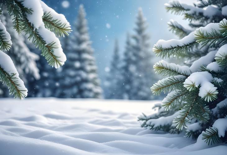 Scenic Winter Christmas Background with Snow Covered Spruce and Snowfall