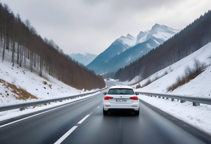 Scenic Winter Drive on Mountain Road White Car in Snowy Landscape of Bavaria, Germany