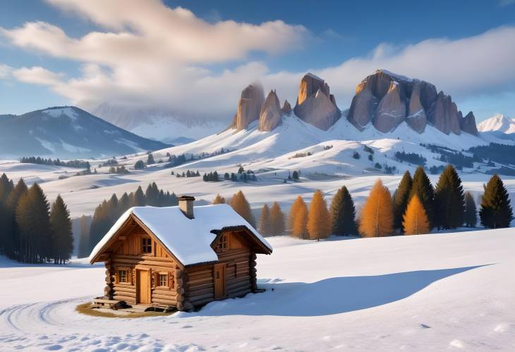 Scenic Winter Landscape Log Cabin and Snowy Hills at Alpe di Siusi, Dolomites, Italy