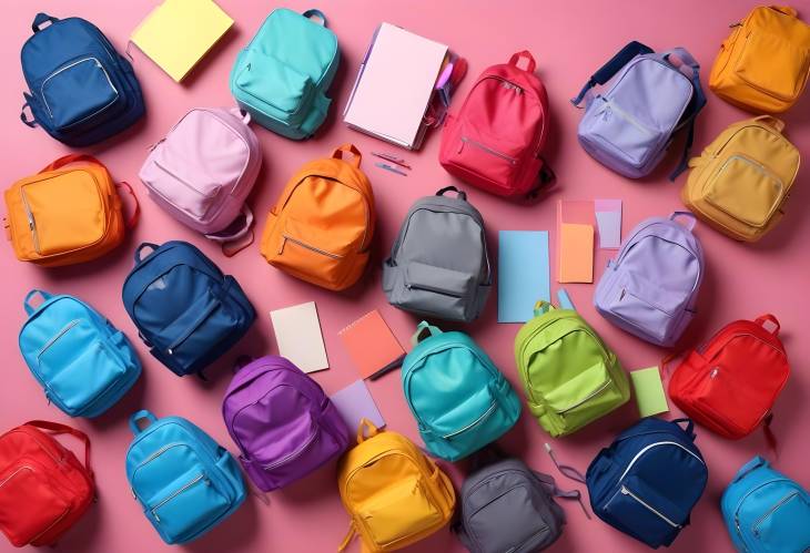 School Backpacks with Stationery on Colorful Surface, TopDown Perspective