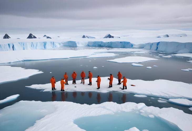 Scientific Exploration at the South Pole Aerial View of Researchers Sampling and Measuring Meltin