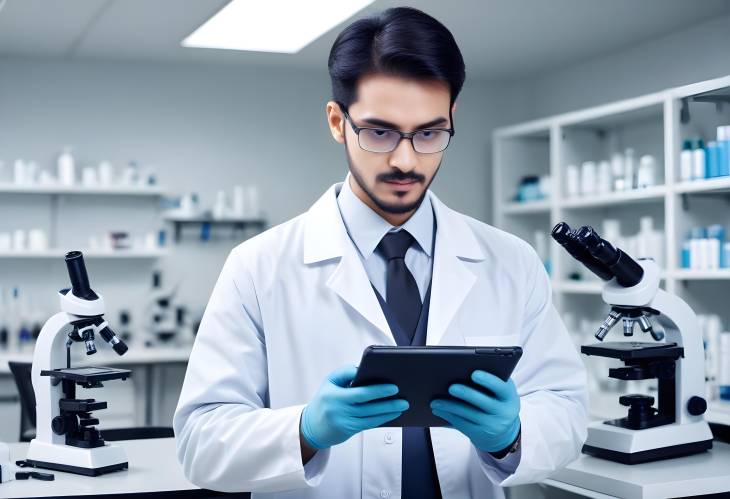 Scientist Holding Tablet in Lab Microscope and Chemical Test Tube Research Setup