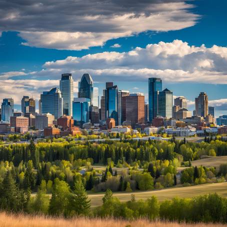 Scotsman Hill View of Calgary Skyline Beautiful Cityscape on a Bright Sunny Day, Canada