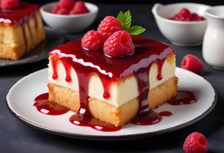 Scrumptious Cake with Raspberry Sauce and Cream Dark Background Pastry Snack, Close Up