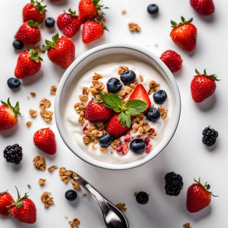 Scrumptious Yogurt with Strawberries, Berries, and Cereals on White Background