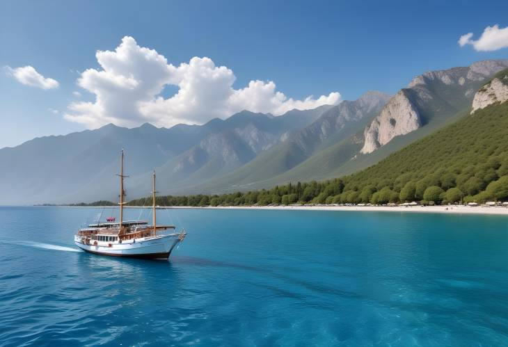 Sea and Beach Panorama with Ship, Mountains, and Blue Sky in Cirali, Kemer, Antalya