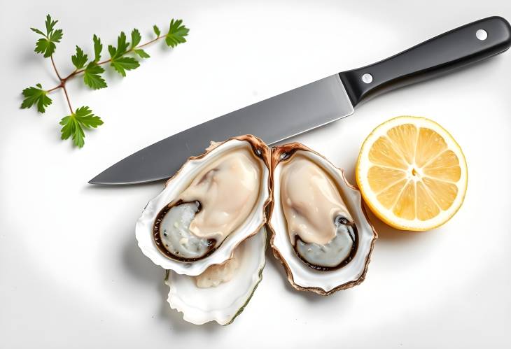 Seafood Elegance Fresh Oysters with Lemon and Knife on a Light Background