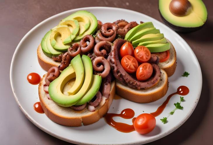 Seafood Octopus Toast with Avocado, Tomato, Onion, Lemon, and Sauce