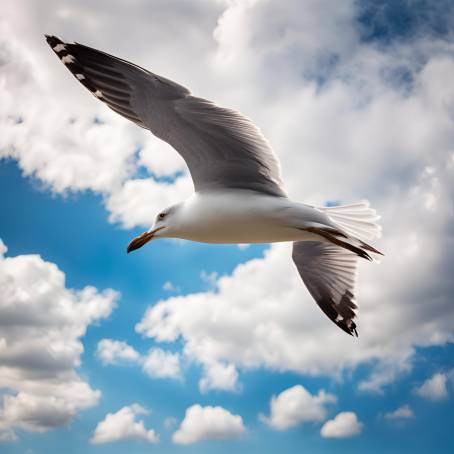 Seagull Soaring Against a Clear Blue Sky  Bottom Up View of the Bird in Flight