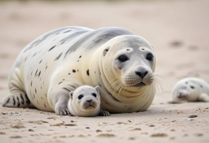 Seal Family on Helgoland Beach Grey Seals and Kitten with Mother in Schleswig Holstein, Germany