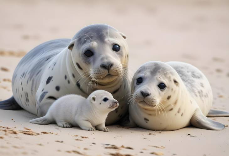 Seals and Kitten on Helgoland Beach Grey Seals with Mother and Baby in Schleswig Holstein, Germany