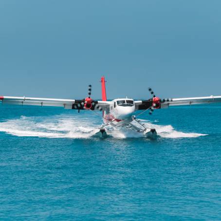 Seaplane Approaching Maldives Island Aerial View