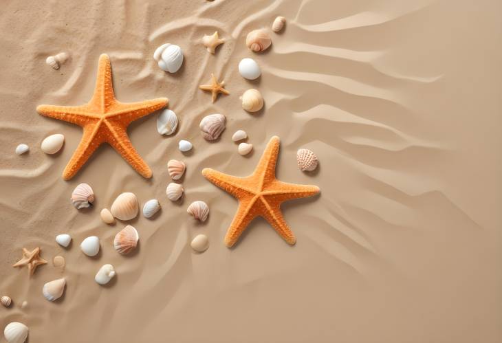 Seashells and Starfish Imprint on Sand Perfect for Beach and Coastal Photography Projects