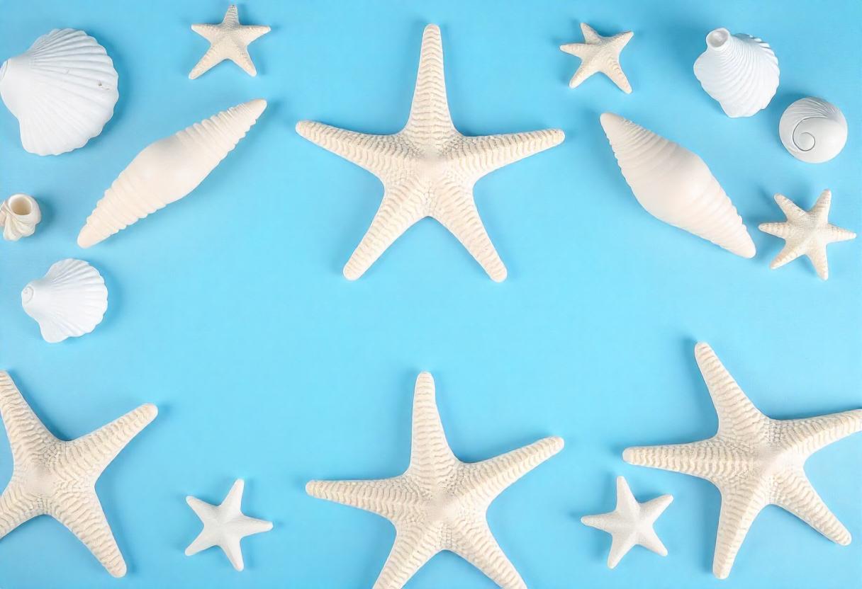 Seashells and Starfish Pattern on Blue Background