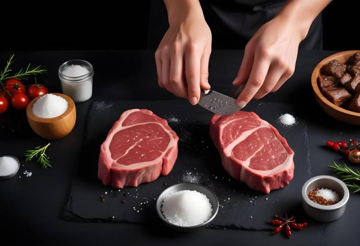 Seasoning Steak Chefs Hands with Salt and Pepper