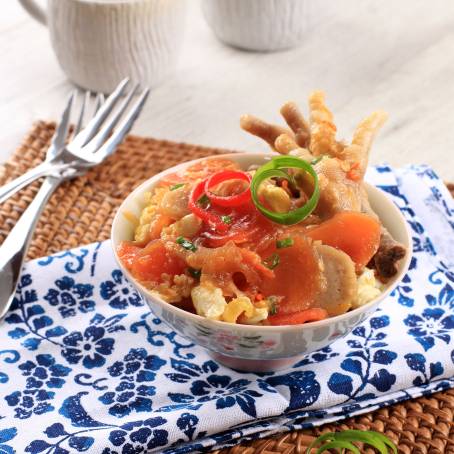 Seblak Crackers in Vintage Bowl with Copy Space for Recipe and Commercial Content