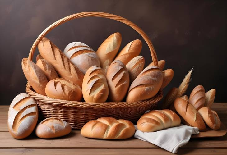 Selection of Fresh Breads in Wicker Basket on Wooden Table