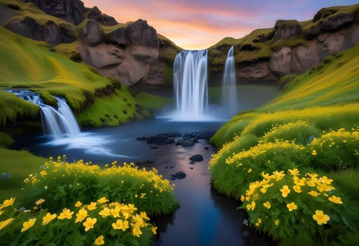 Seljalandfoss Waterfall Sunrise, Iceland A Stunning Blue Stream and Yellow Flowers in a Natural Park