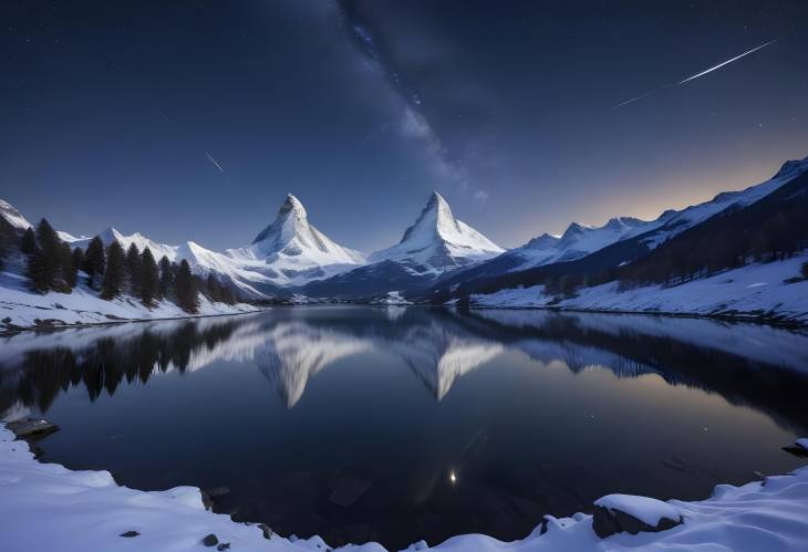 Sellisee at Night Reflections of Snow Covered Matterhorn and Starry Sky in Valais, Switzerland