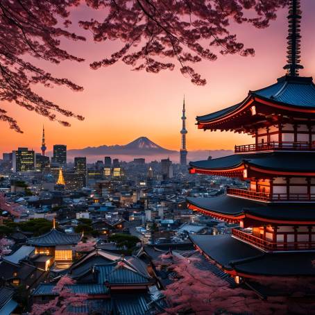 Senso ji Temple  Sky tree Twilight Over Tokyo Skyline