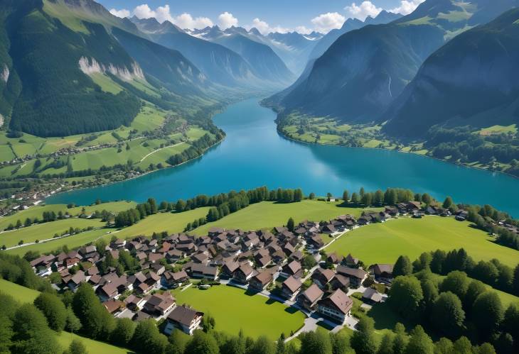 Serene Aerial View of Flelen Village with Turquoise Lake and Green Mountain Ranges