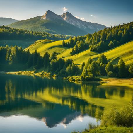 Serene Afternoon in Bosnia and Herzegovina  Mount Lebrsniks Grassy Fields and Lake