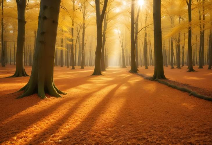 Serene Autumn Forest with Golden Leaves Covering the Ground and Warm Sunlight Filtering Through