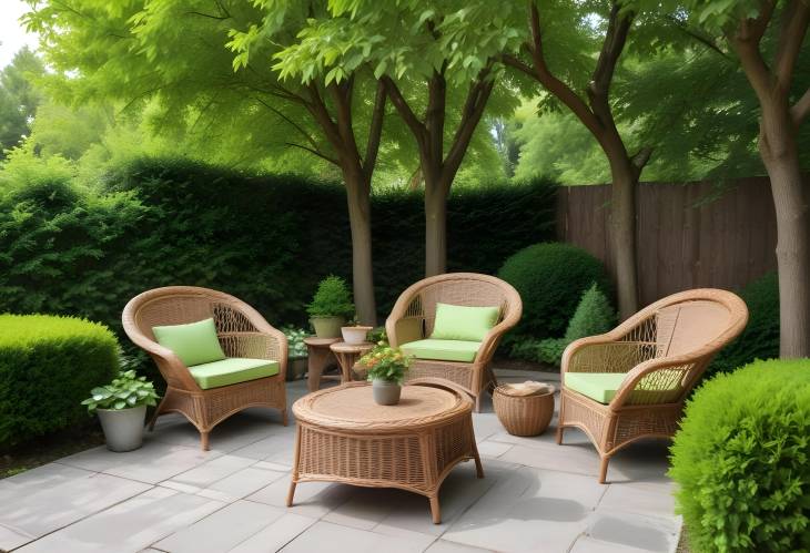 Serene Backyard with Green Trees and Wicker Garden Furniture for Comfortable Outdoor Living