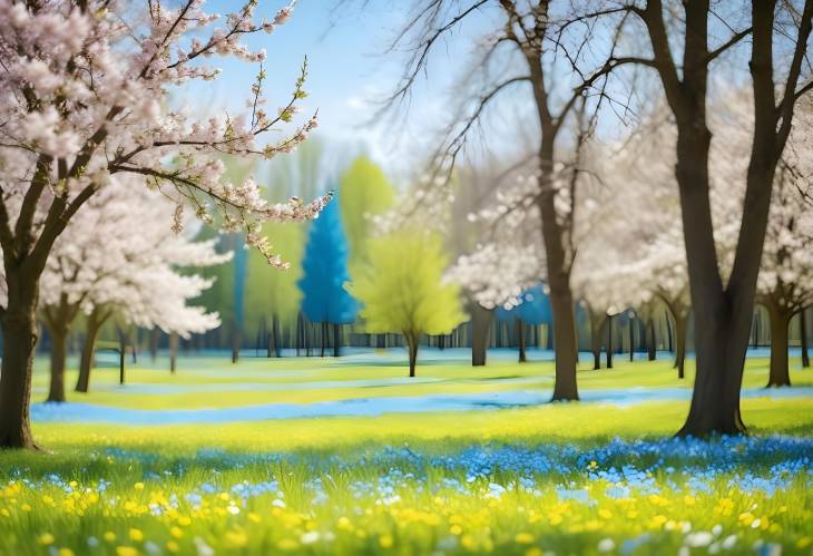 Serene Blurred Spring Nature Scene with Blooming Glade, Lush Trees, and Clear Blue Sky