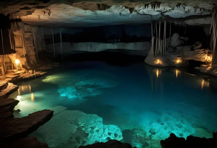 Serene Cenote Cavern with Underground River, Deep Blue Water, and Historical Prehispanic Ritual Si